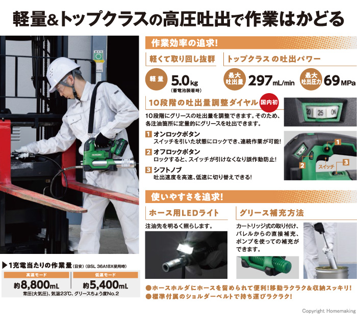 ハイコーキ 18V コードレスグリースガン(本体のみ)::AL18DA(NN