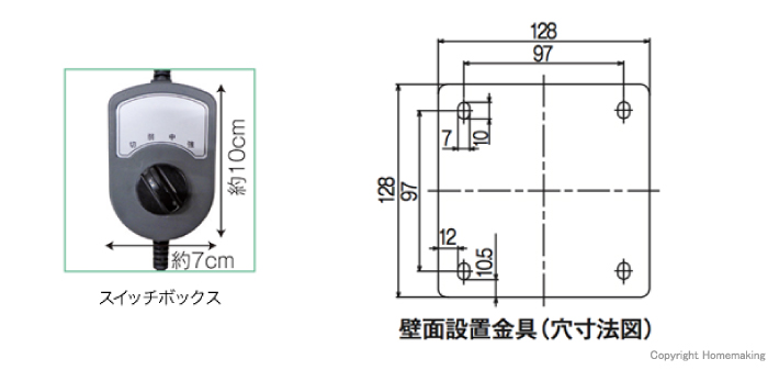 有線リモコン・壁面設置金具(穴寸法図)