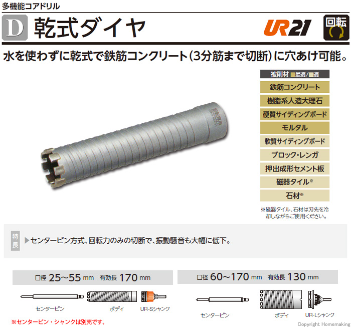 ユニカ 多機能コアドリルUR21 D乾式ダイヤ(ボディのみ) 25mm: 他:UR21