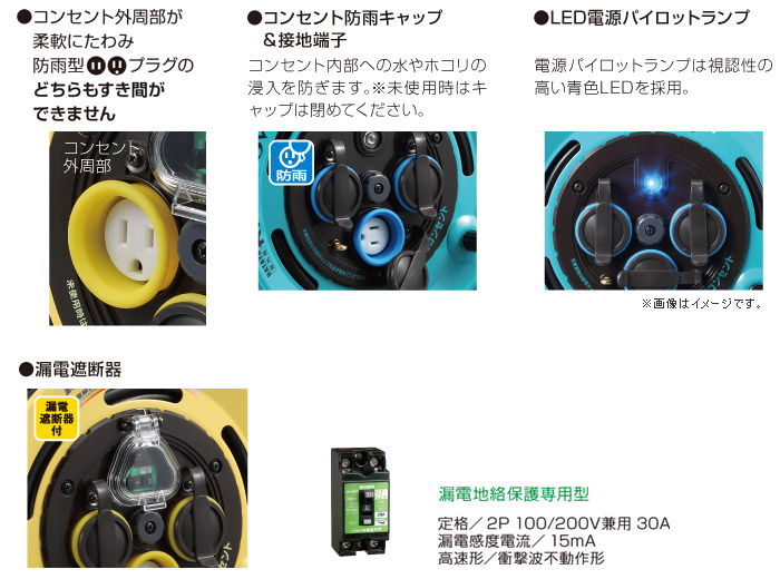 防雨型レインボーリール(100V・漏電遮断器付) 接地付 30m 特長
