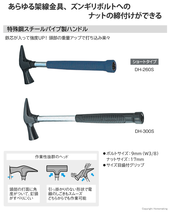 あらゆる架線金具の寸切ボルトへのナットの締付けができる