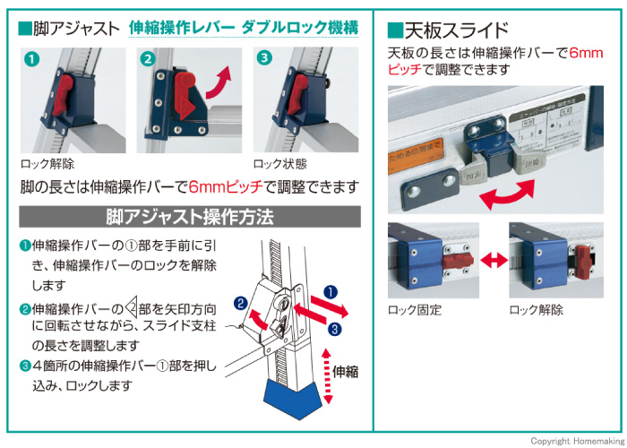 四脚アジャスト式足場台 天場スライドタイプ・取手付き